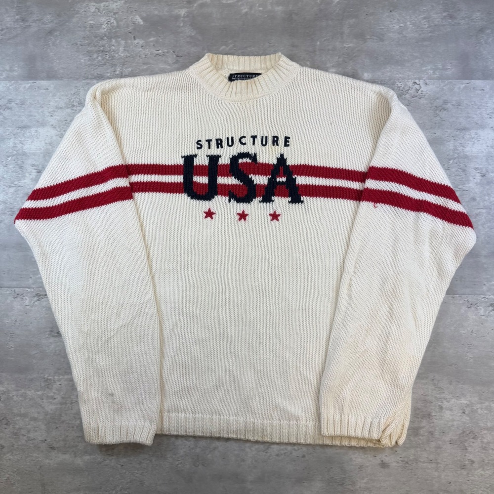 Vintage Structure USA Knit Sweater Mens XL Cream Red Blue Striped Ramie Cotton